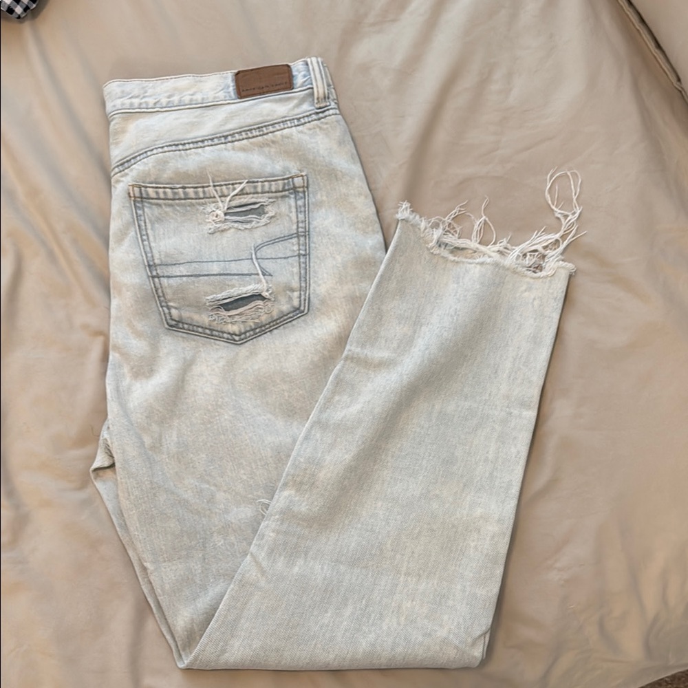 Blue Cropped Distressed Jeans with Tapered Leg